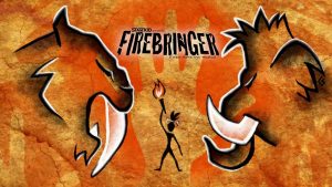 Firebringer illustrated poster with stoneage style drawing of a sabre tooth tiger, a mammoth and a human girl holding a stick with fire on it.