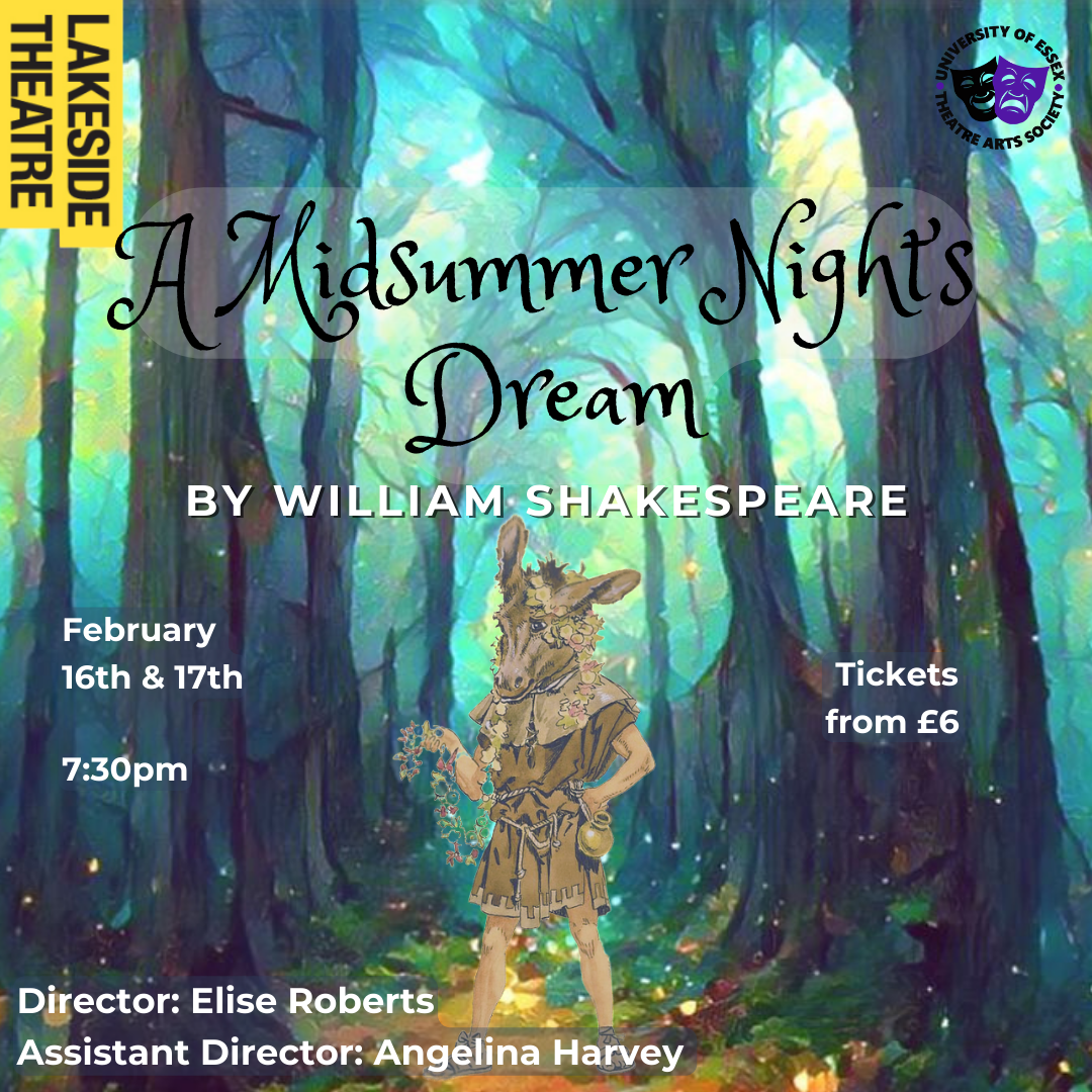 Illustration of Bottom the Donkey from A Midsummer Night's Dream standing in an eerie glade in a wood with the Lakeside Theatre logo and the play's title overlaid as a graphic