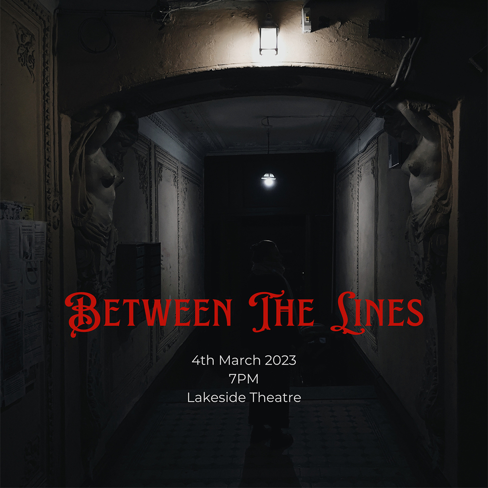 picture of a dark hallway with between the lines in red in the centre