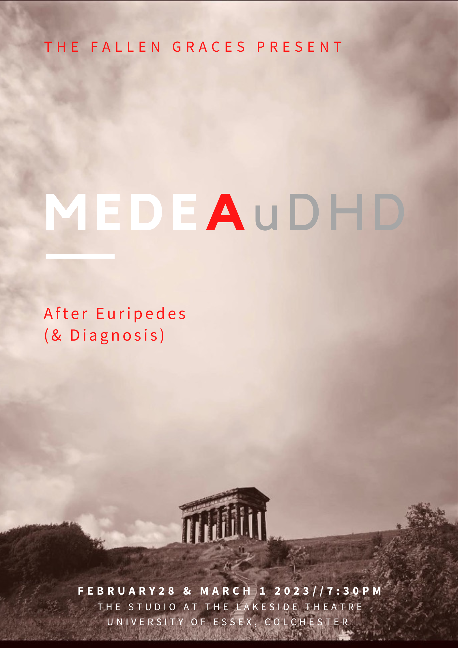 Sepia image of a greek building on top of a hill with writing of MedeauDHD