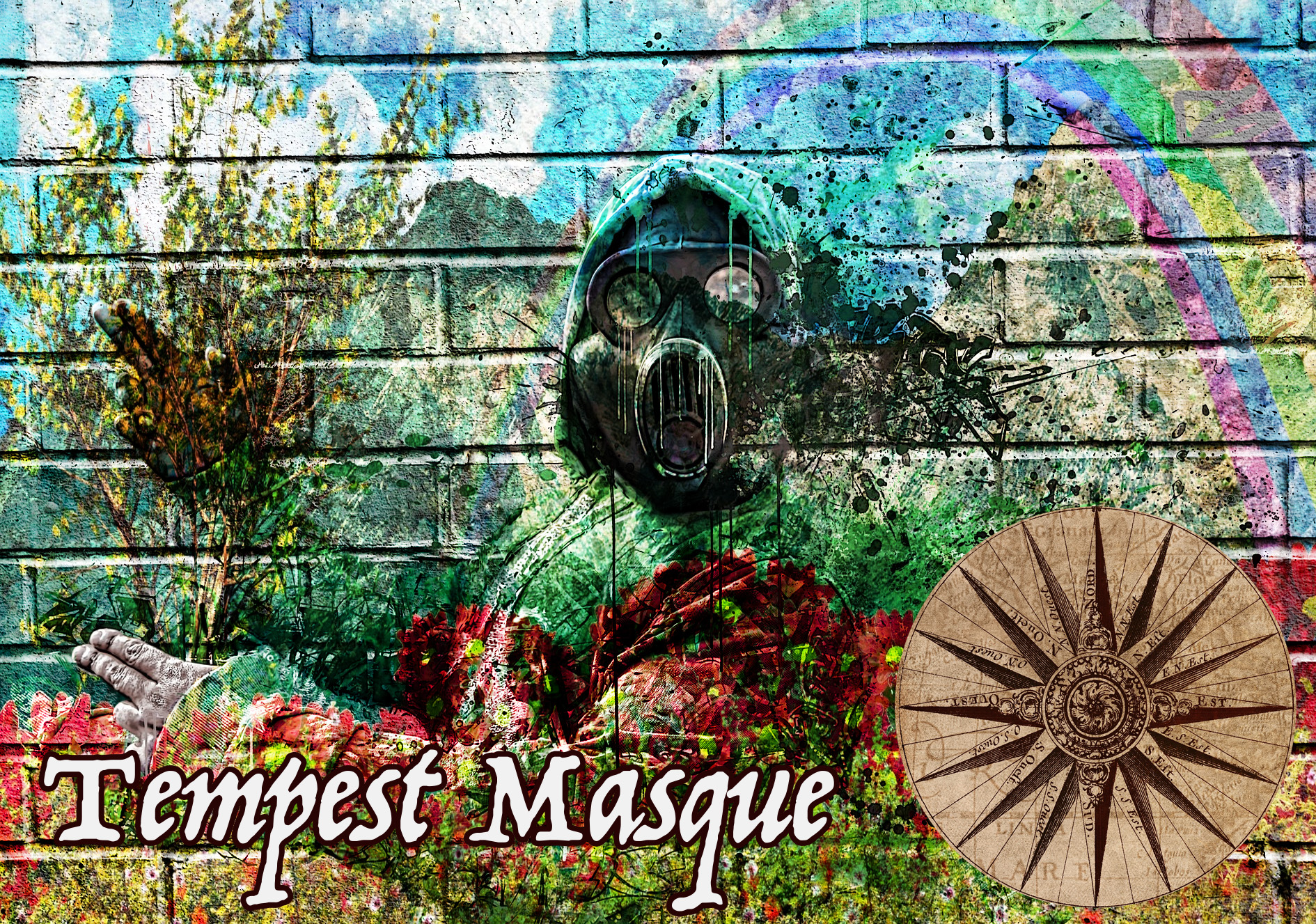 Tempest Masque poster depicting grafiti artwork of a mask wearer in a brick wall with a compass and the copy "Tempest Masque"