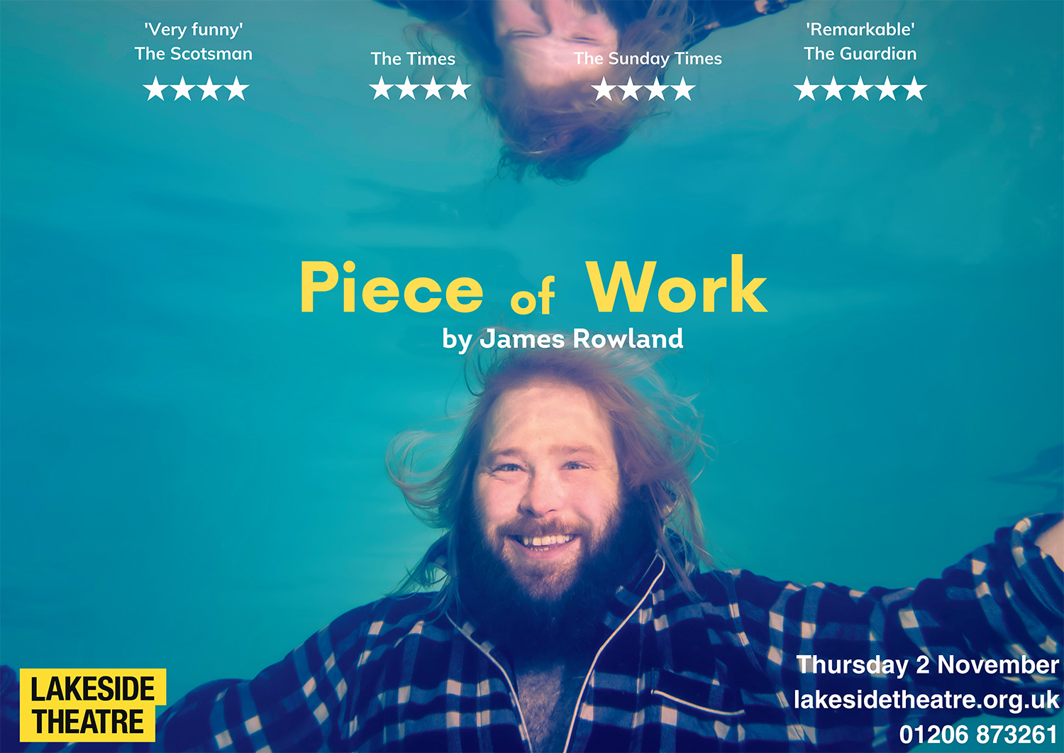 James Rowland underwater with his reflection as a promo for his show, Piece of Work.
