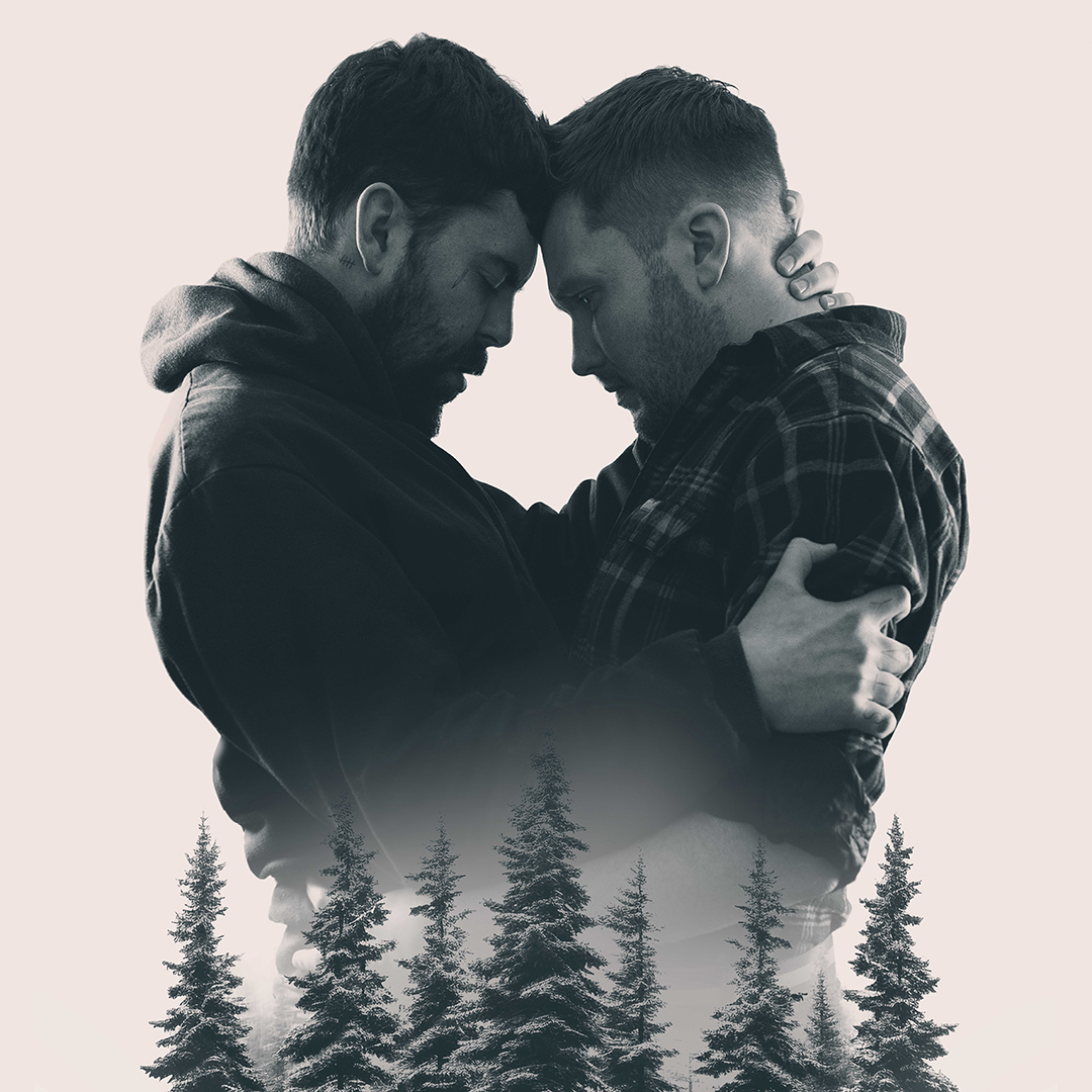 Two Come Home promotional graphic, black and white artistic of who men embracing in the shape of a heart with trees.