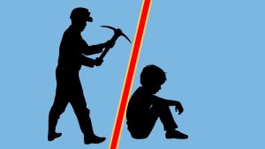 Two silhouette figures on a blue background. The first figure, a grown adult with a miner's hat and pickaxe, is swinging a pickaxe towards the second figure, a child sat on the ground with their back towards the pickaxe. Between the two figures is a large, red forward slash.