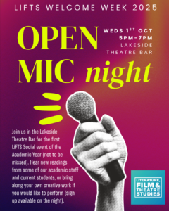 Open Mic Night! A person holds a microphone in their hand.